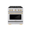 ZLINE 5-Piece Appliance Package - 30-Inch Paramount Autograph Gas Range, Wall Mount Range Hood, 36-Inch French Door Refrigerator with Water Dispenser, Dishwasher, and 30-Inch Microwave Drawer in Stainless Steel with Gold Accents