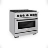 ZLINE 5-Piece Appliance Package - 36-Inch Paramount Autograph Gas Range, Wall Mount Range Hood, 36-Inch French Door Refrigerator with Water Dispenser, Dishwasher, and 24-Inch Microwave Drawer in Stainless Steel with Matte Black Accents