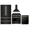 ZLINE 4-Piece Appliance Package - 30-Inch Paramount Dual Fuel Range, Wall Mount Range Hood, 36-Inch French Door Refrigerator, Dishwasher, in Black Stainless Steel with Gold Accents