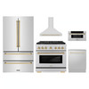 ZLINE 5-Piece Appliance Package - 36-Inch Paramount Autograph Gas Range, Wall Mount Range Hood, 36-Inch French Door Refrigerator, Dishwasher, and 30-Inch Microwave Drawer in Stainless Steel with Gold Accents