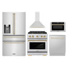 ZLINE 5-Piece Appliance Package - 30-Inch Paramount Autograph Gas Range, Wall Mount Range Hood, 36-Inch French Door Refrigerator with Water Dispenser, Dishwasher, and 24-Inch Microwave Drawer in Stainless Steel with Gold Accents