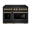 ZLINE 5-Piece Appliance Package - 48-Inch Paramount Gas Range, Wall Mount Range Hood, 36-Inch French Door Refrigerator with Water Dispenser, Dishwasher, and 30-Inch Microwave Drawer in Black Stainless Steel with Gold Accents