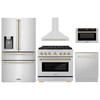 ZLINE 5-Piece Appliance Package - 36-Inch Paramount Autograph Dual Fuel Range, Wall Mount Range Hood, 36-Inch French Door Refrigerator with Water Dispenser, Dishwasher, and 24-Inch Microwave Drawer in Stainless Steel with Gold Accents
