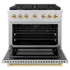 ZLINE 4-Piece Appliance Package - 36-Inch Paramount Autograph Dual Fuel Range, Wall Mount Range Hood, 36-Inch French Door Refrigerator, Dishwasher, in Stainless Steel with Gold Accents