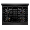 ZLINE 5-Piece Appliance Package - 30-Inch Paramount Gas Range, Wall Mount Range Hood, 36-Inch French Door Refrigerator with Water Dispenser, Dishwasher, and 30-Inch Microwave Drawer in Black Stainless Steel with Champagne Bronze Accents