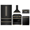ZLINE 5-Piece Appliance Package - 30-Inch Paramount Dual Fuel Range, Wall Mount Range Hood, 36-Inch French Door Refrigerator, Dishwasher, and 30-Inch Microwave Drawer in Black Stainless Steel with Gold Accents