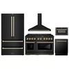 ZLINE 5-Piece Appliance Package - 48-Inch Paramount Gas Range, Wall Mount Range Hood, 36-Inch French Door Refrigerator, Dishwasher, and 24-Inch Microwave Drawer in Black Stainless Steel with Gold Accents