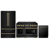 ZLINE 3-Piece Appliance Package - 48-Inch Paramount Gas Range, 36-Inch French Door Refrigerator, Dishwasher, in Black Stainless Steel with Champagne Bronze Accents