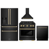 ZLINE 4-Piece Appliance Package - 30-Inch Paramount Gas Range, Wall Mount Range Hood, 36-Inch French Door Refrigerator with Water Dispenser, Dishwasher, in Black Stainless Steel with Champagne Bronze Accents