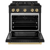 ZLINE 4-Piece Appliance Package - 30-Inch Paramount Gas Range, Wall Mount Range Hood, 36-Inch French Door Refrigerator with Water Dispenser, Dishwasher, in Black Stainless Steel with Champagne Bronze Accents