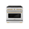 ZLINE 5-Piece Appliance Package - 36-Inch Paramount Autograph Gas Range, Wall Mount Range Hood, 36-Inch French Door Refrigerator with Water Dispenser, Dishwasher, and 30-Inch Microwave Drawer in Stainless Steel with Gold Accents
