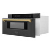 ZLINE 5-Piece Appliance Package - 36-Inch Paramount Dual Fuel Range, Wall Mount Range Hood, 36-Inch French Door Refrigerator with Water Dispenser, Dishwasher, and 30-Inch Microwave Drawer in Black Stainless Steel with Gold Accents