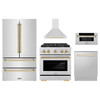 ZLINE 5-Piece Appliance Package - 30-Inch Paramount Dual Fuel Range, Wall Mount Range Hood, 36-Inch French Door Refrigerator, Dishwasher, and 30-Inch Microwave Drawer in Stainless Steel with Gold Accents