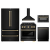 ZLINE 5-Piece Appliance Package - 36-Inch Paramount Dual Fuel Range, Wall Mount Range Hood, 36-Inch French Door Refrigerator, Dishwasher, and 24-Inch Microwave Drawer in Black Stainless Steel with Champagne Bronze Accents
