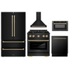ZLINE 5-Piece Appliance Package - 30-Inch Paramount Dual Fuel Range, Wall Mount Range Hood, 36-Inch French Door Refrigerator, Dishwasher, and 24-Inch Microwave Drawer in Black Stainless Steel with Champagne Bronze Accents