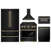 ZLINE 5-Piece Appliance Package - 30-Inch Paramount Gas Range, Wall Mount Range Hood, 36-Inch French Door Refrigerator, Dishwasher, and 24-Inch Microwave Drawer in Black Stainless Steel with Champagne Bronze Accents