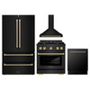 ZLINE 4-Piece Appliance Package - 36-Inch Paramount Dual Fuel Range, Wall Mount Range Hood, 36-Inch French Door Refrigerator, Dishwasher, in Black Stainless Steel with Champagne Bronze Accents