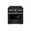 ZLINE 5-Piece Appliance Package - 30-Inch Paramount Gas Range, Wall Mount Range Hood, 36-Inch French Door Refrigerator with Water Dispenser, Dishwasher, and 24-Inch Microwave Drawer in Black Stainless Steel with Gold Accents