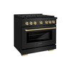 ZLINE 5-Piece Appliance Package - 36-Inch Paramount Gas Range, Wall Mount Range Hood, 36-Inch French Door Refrigerator, Dishwasher, and 30-Inch Microwave Drawer in Black Stainless Steel with Champagne Bronze Accents