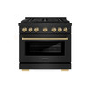 ZLINE 5-Piece Appliance Package - 36-Inch Paramount Gas Range, Wall Mount Range Hood, 36-Inch French Door Refrigerator, Dishwasher, and 30-Inch Microwave Drawer in Black Stainless Steel with Champagne Bronze Accents