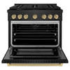 ZLINE 5-Piece Appliance Package - 36-Inch Paramount Gas Range, Wall Mount Range Hood, 36-Inch French Door Refrigerator, Dishwasher, and 30-Inch Microwave Drawer in Black Stainless Steel with Champagne Bronze Accents