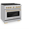 ZLINE 5-Piece Appliance Package - 36-Inch Paramount Dual Fuel Range, Wall Mount Range Hood, 36-Inch French Door Refrigerator, Dishwasher, and 24-Inch Microwave Drawer in Stainless Steel with Gold Accents