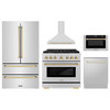 ZLINE 5-Piece Appliance Package - 36-Inch Paramount Dual Fuel Range, Wall Mount Range Hood, 36-Inch French Door Refrigerator, Dishwasher, and 24-Inch Microwave Drawer in Stainless Steel with Gold Accents