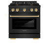 ZLINE 5-Piece Appliance Package - 30-Inch Paramount Dual Fuel Range, Wall Mount Range Hood, 36-Inch French Door Refrigerator, Dishwasher, and 24-Inch Microwave Drawer in Black Stainless Steel with Gold Accents