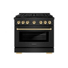 ZLINE 3-Piece Appliance Package - 36-Inch Paramount Gas Range, 36-Inch French Door Refrigerator, Dishwasher, in Black Stainless Steel with Gold Accents