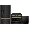 ZLINE 3-Piece Appliance Package - 36-Inch Paramount Gas Range, 36-Inch French Door Refrigerator with Water Dispenser, Dishwasher, in Black Stainless Steel with Champagne Bronze Accents