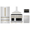 ZLINE 5-Piece Appliance Package - 48-Inch Paramount Autograph Gas Range, Wall Mount Range Hood, 36-Inch French Door Refrigerator, Dishwasher, and 24-Inch Microwave Drawer in Stainless Steel with Gold Accents