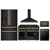 ZLINE 5-Piece Appliance Package - 48-Inch Paramount Dual Fuel Range, Wall Mount Range Hood, 36-Inch French Door Refrigerator with Water Dispenser, Dishwasher, and 24-Inch Microwave Drawer in Black Stainless Steel with Gold Accents