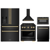 ZLINE 5-Piece Appliance Package - 30-Inch Paramount Dual Fuel Range, Wall Mount Range Hood, 36-Inch French Door Refrigerator with Water Dispenser, Dishwasher, and 24-Inch Microwave Drawer in Black Stainless Steel with Gold Accents