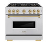 ZLINE Autograph 36-Inch 5.2 Cu. Ft. Classic Dual Fuel Range with 6 Burner DuoPro™ Cooktop and Electric Oven in Stainless and Champagne  (PCDRZ-36-CB)