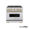 ZLINE Autograph 36-Inch 5.2 Cu. Ft. Classic Dual Fuel Range with 6 Burner DuoPro™ Cooktop and Electric Oven in Stainless and Champagne  (PCDRZ-36-CB)