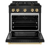 ZLINE 5-Piece Appliance Package - 30-Inch Paramount Gas Range, Wall Mount Range Hood, 36-Inch French Door Refrigerator, Dishwasher, and 24-Inch Microwave Drawer in Black Stainless Steel with Gold Accents