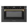 ZLINE 5-Piece Appliance Package - 30-Inch Paramount Gas Range, Wall Mount Range Hood, 36-Inch French Door Refrigerator, Dishwasher, and 24-Inch Microwave Drawer in Black Stainless Steel with Gold Accents