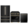 ZLINE 3-Piece Appliance Package - 30-Inch Paramount Gas Range, 36-Inch French Door Refrigerator, Dishwasher, in Black Stainless Steel with Gold Accents