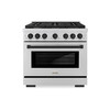 ZLINE 4-Piece Appliance Package - 36-Inch Paramount Autograph Gas Range, Wall Mount Range Hood, 36-Inch French Door Refrigerator, Dishwasher, in Stainless Steel with Matte Black Accents