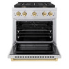 ZLINE 5-Piece Appliance Package - 30-Inch Paramount Dual Fuel Range, Wall Mount Range Hood, 36-Inch French Door Refrigerator, Dishwasher, and 24-Inch Microwave Drawer in Stainless Steel with Gold Accents