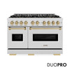 ZLINE Autograph Edition 48-Inch Classic Gas Range with DuoPro™ Cooktop and Dual Ovens in Satin Steel and Bronze Accents (PCGRSZ-48-CB)