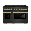ZLINE 5-Piece Appliance Package - 48-Inch Paramount Dual Fuel Range, Wall Mount Range Hood, 36-Inch French Door Refrigerator, Dishwasher, and 30-Inch Microwave Drawer in Black Stainless Steel with Champagne Bronze Accents