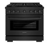 ZLINE 5-Piece Appliance Package - 36-Inch Paramount Gas Range, Wall Mount Range Hood, 36-Inch French Door Refrigerator with Water Dispenser, Dishwasher, and 24-Inch Microwave Drawer in Black Stainless Steel