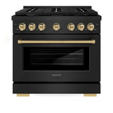 ZLINE 5-Piece Appliance Package - 36-Inch Paramount Dual Fuel Range, Wall Mount Range Hood, 36-Inch French Door Refrigerator, Dishwasher, and 30-Inch Microwave Drawer in Black Stainless Steel with Champagne Bronze Accents