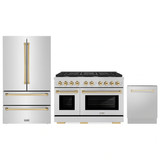 ZLINE 3-Piece Appliance Package - 48-Inch Paramount Autograph Gas Range, 36-Inch French Door Refrigerator, Dishwasher, in Stainless Steel with Gold Accents