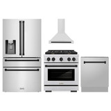 ZLINE 4-Piece Appliance Package - 30-Inch Paramount Autograph Dual Fuel Range, Wall Mount Range Hood, 36-Inch French Door Refrigerator with Water Dispenser, Dishwasher, in Stainless Steel with Matte Black Accents