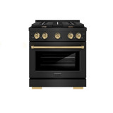 ZLINE 5-Piece Appliance Package - 30-Inch Paramount Gas Range, Wall Mount Range Hood, 36-Inch French Door Refrigerator with Water Dispenser, Dishwasher, and 24-Inch Microwave Drawer in Black Stainless Steel with Champagne Bronze Accents