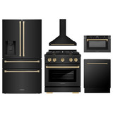 ZLINE 5-Piece Appliance Package - 36-Inch Paramount Dual Fuel Range, Wall Mount Range Hood, 36-Inch French Door Refrigerator with Water Dispenser, Dishwasher, and 24-Inch Microwave Drawer in Black Stainless Steel with Champagne Bronze Accents
