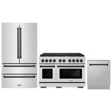 ZLINE 3-Piece Appliance Package - 48-Inch Paramount Autograph Gas Range, 36-Inch French Door Refrigerator, Dishwasher, in Stainless Steel with Matte Black Accents