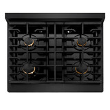 ZLINE 4-Piece Appliance Package - 30-Inch Paramount Gas Range, Wall Mount Range Hood, 36-Inch French Door Refrigerator, Dishwasher, in Black Stainless Steel with Gold Accents